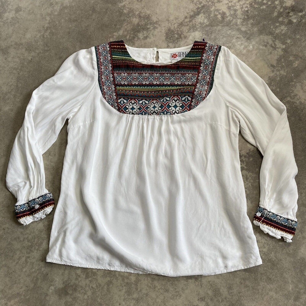 Llana Blouse Womens Large Embroidered Bib‎ Neckline Boho White Multicolored
